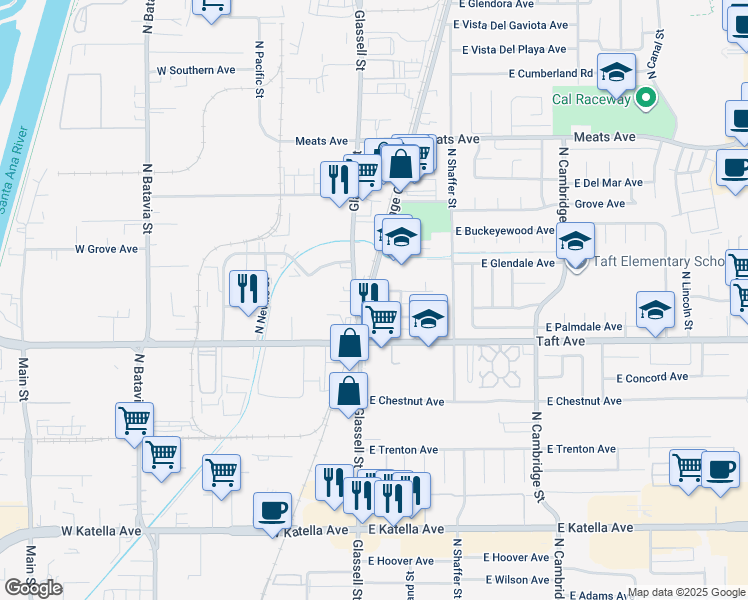 map of restaurants, bars, coffee shops, grocery stores, and more near 138 East Briardale Avenue in Orange