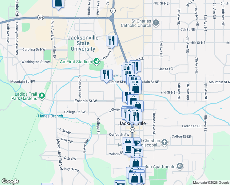 map of restaurants, bars, coffee shops, grocery stores, and more near 409 Spring Avenue Northwest in Jacksonville