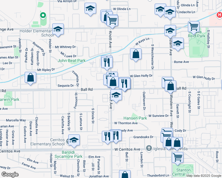 map of restaurants, bars, coffee shops, grocery stores, and more near Knott Ave & W Ball Rd in Anaheim