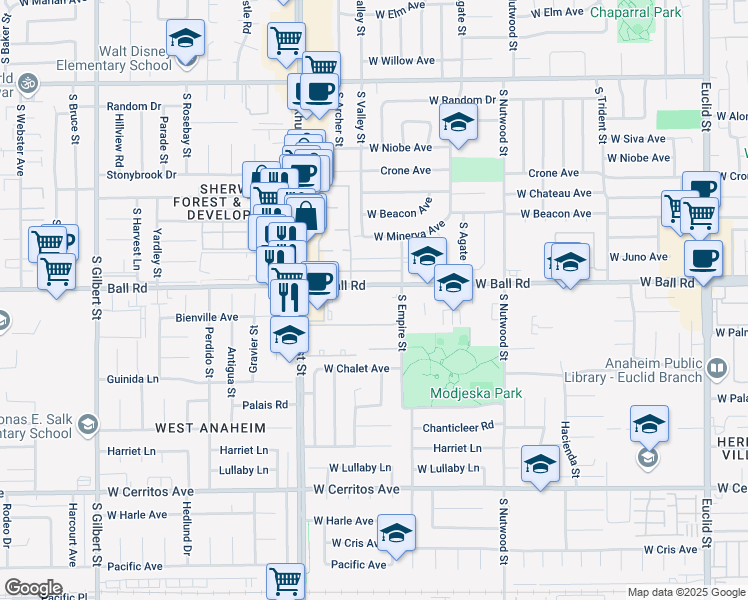 map of restaurants, bars, coffee shops, grocery stores, and more near 2114 West Ball Road in Anaheim