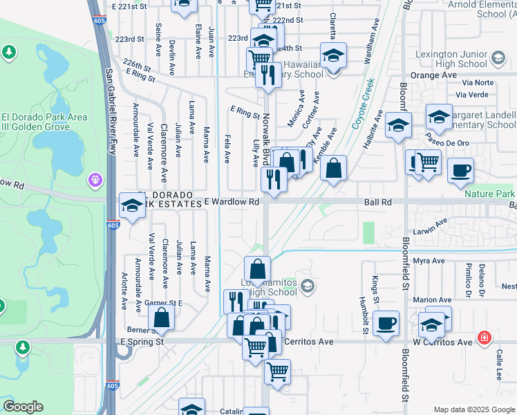 map of restaurants, bars, coffee shops, grocery stores, and more near 8090 East Wardlow Road in Long Beach