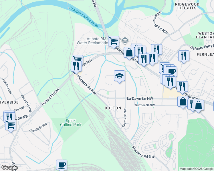 map of restaurants, bars, coffee shops, grocery stores, and more near 2199 Rando Lane Northwest in Atlanta