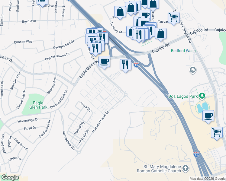 map of restaurants, bars, coffee shops, grocery stores, and more near 3975 Lavine Way in Corona