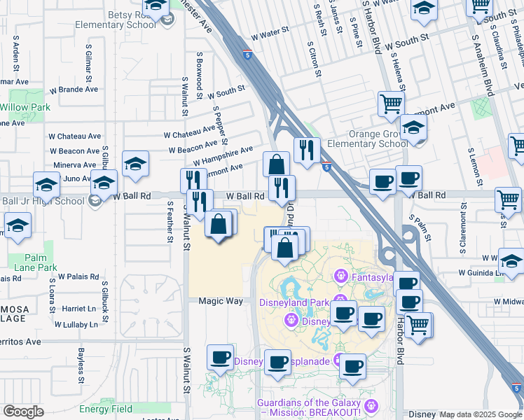 map of restaurants, bars, coffee shops, grocery stores, and more near 1279 Southwest Place in Anaheim