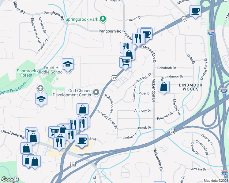 map of restaurants, bars, coffee shops, grocery stores, and more near 2993 Eltham Place in Decatur
