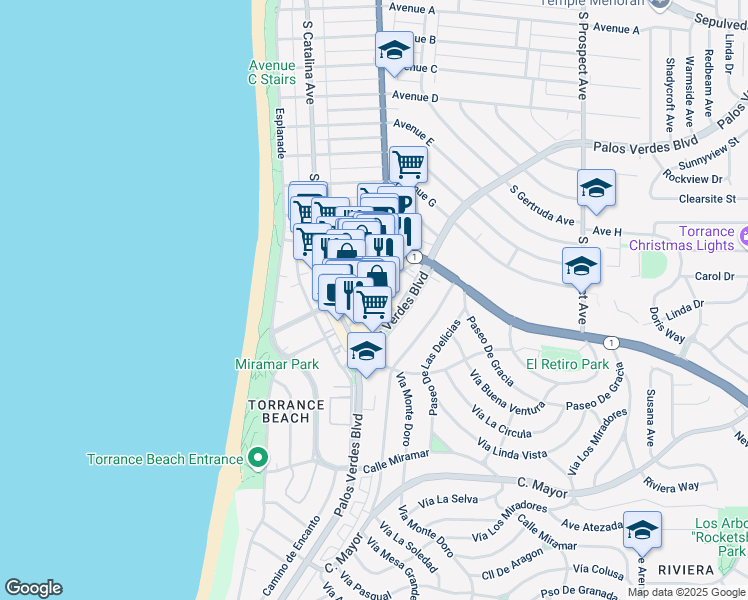 map of restaurants, bars, coffee shops, grocery stores, and more near 1800 South Elena Avenue in Redondo Beach