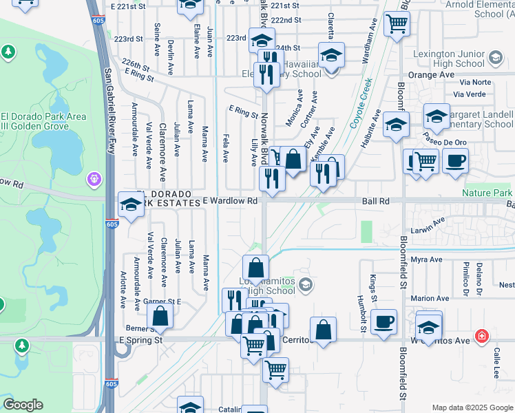 map of restaurants, bars, coffee shops, grocery stores, and more near 8090 East Wardlow Road in Long Beach