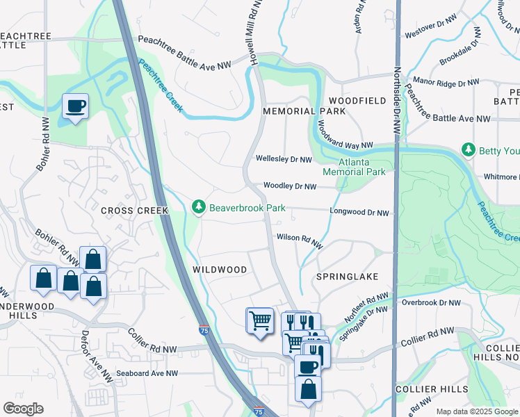 map of restaurants, bars, coffee shops, grocery stores, and more near 837 Longwood Drive Northwest in Atlanta