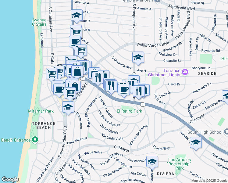 map of restaurants, bars, coffee shops, grocery stores, and more near 1800 South Pacific Coast Highway in Redondo Beach