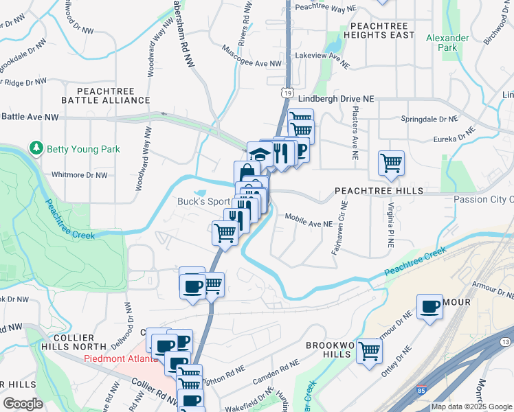 map of restaurants, bars, coffee shops, grocery stores, and more near 2300 Peachtree Road in Atlanta