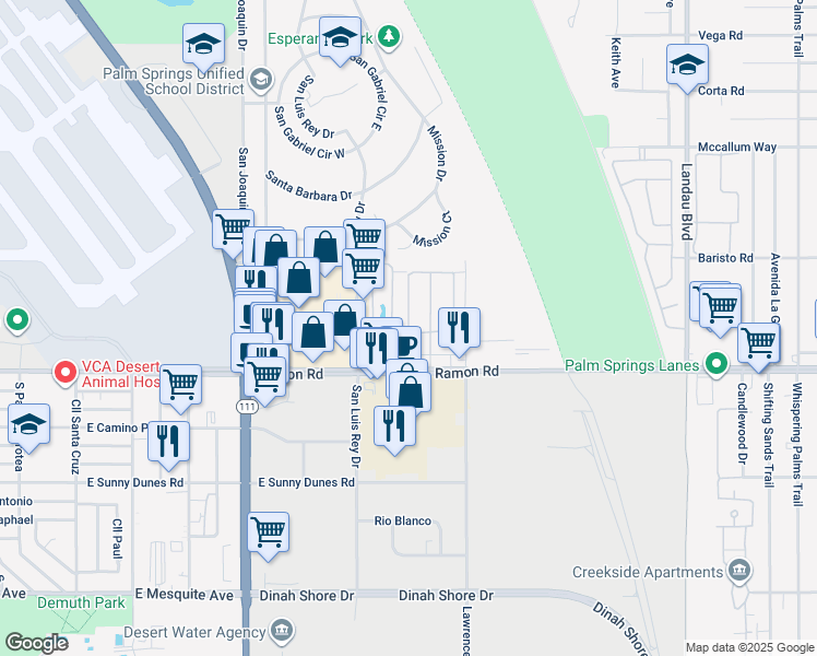 map of restaurants, bars, coffee shops, grocery stores, and more near San Juan Trail in Cathedral City