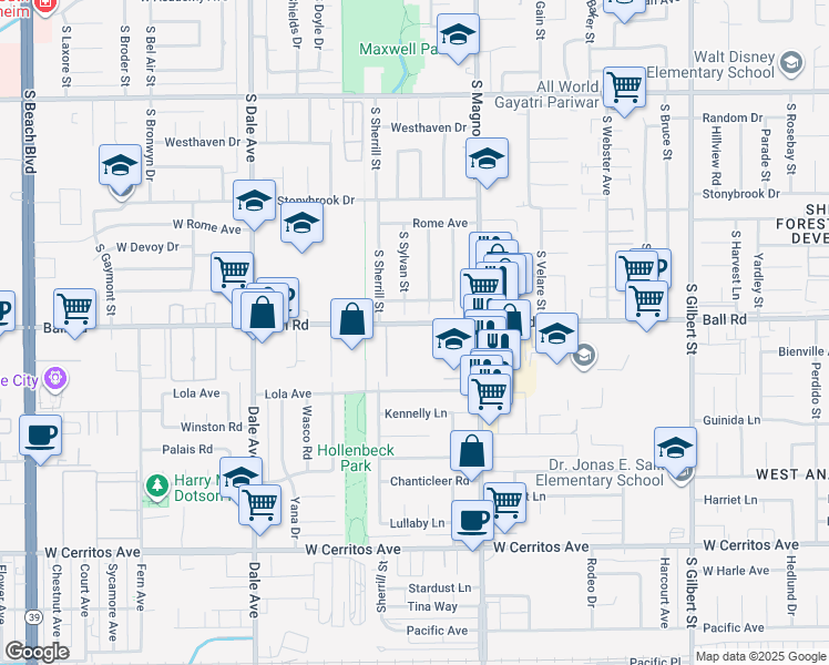 map of restaurants, bars, coffee shops, grocery stores, and more near 2648 West Ball Road in Anaheim
