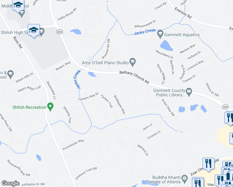 map of restaurants, bars, coffee shops, grocery stores, and more near 4125 Bridlegate Way in Snellville