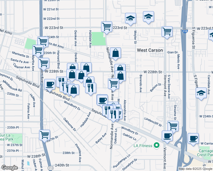 map of restaurants, bars, coffee shops, grocery stores, and more near 1301 Storm Parkway in Torrance