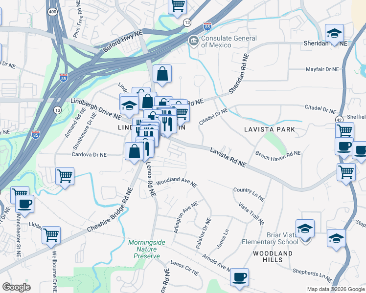 map of restaurants, bars, coffee shops, grocery stores, and more near 1197 Lavista Road Northeast in Atlanta