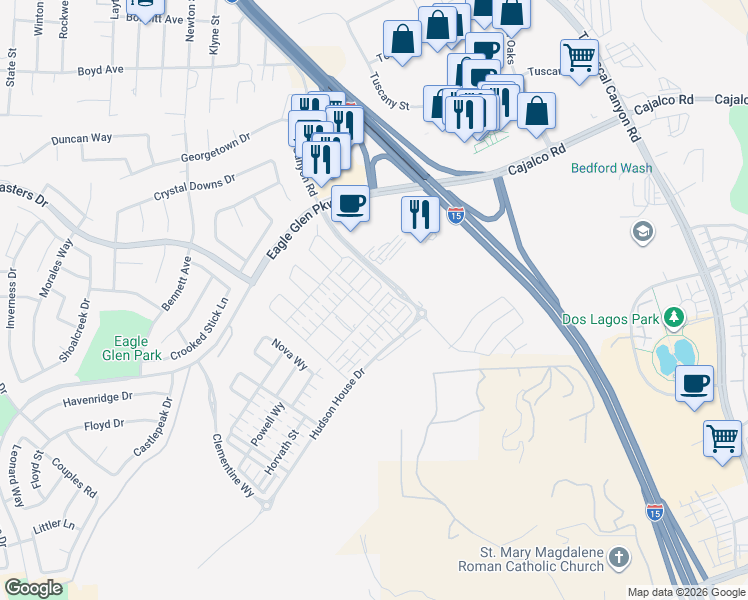 map of restaurants, bars, coffee shops, grocery stores, and more near 3975 Lavine Way in Corona