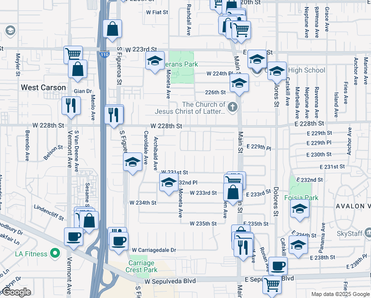map of restaurants, bars, coffee shops, grocery stores, and more near 22859 Morro Drive in Carson
