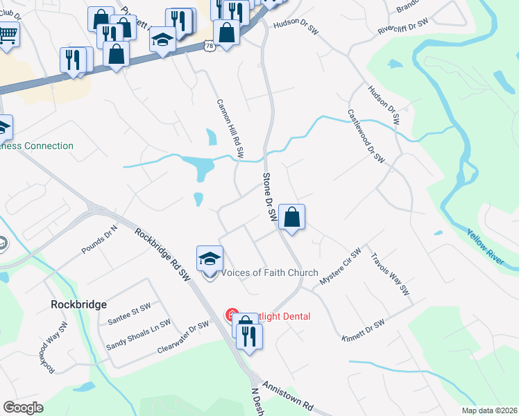 map of restaurants, bars, coffee shops, grocery stores, and more near 5015 Shadow Path Lane Southwest in Lilburn