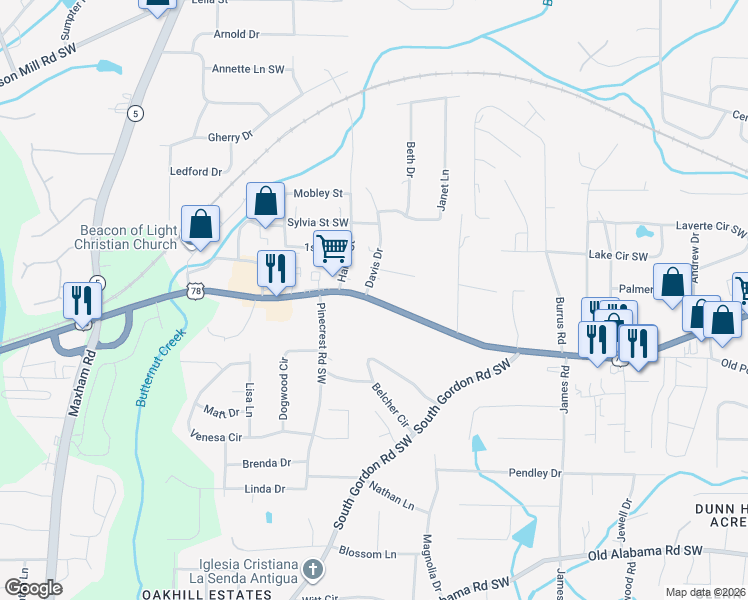 map of restaurants, bars, coffee shops, grocery stores, and more near 1779 Veterans Memorial Highway Southwest in Austell