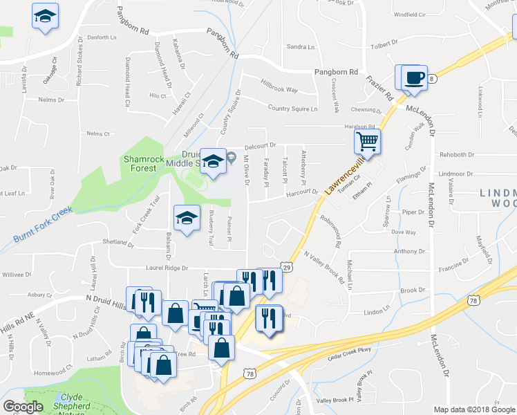 map of restaurants, bars, coffee shops, grocery stores, and more near 2873 Harcourt Drive in Decatur