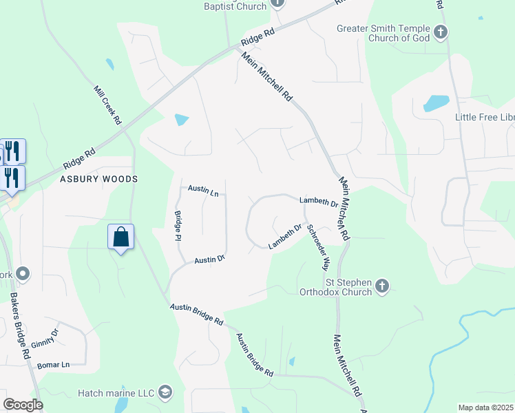 map of restaurants, bars, coffee shops, grocery stores, and more near 345 Lambeth Drive in Hiram