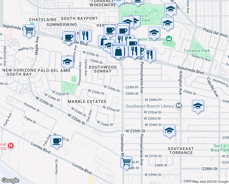 map of restaurants, bars, coffee shops, grocery stores, and more near 2524 West 230th Street in Torrance