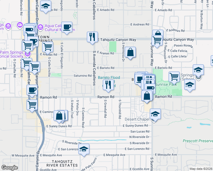 map of restaurants, bars, coffee shops, grocery stores, and more near 1135 Tiffany Circle South in Palm Springs