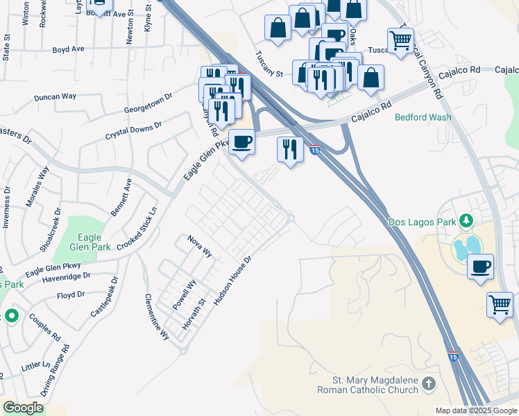 map of restaurants, bars, coffee shops, grocery stores, and more near 3977 Bedford Canyon Road in Corona