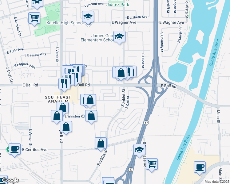 map of restaurants, bars, coffee shops, grocery stores, and more near 1202 South Athena Way in Anaheim
