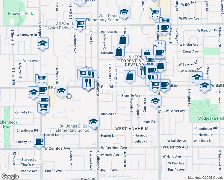 map of restaurants, bars, coffee shops, grocery stores, and more near 9586 West Ball Road in Anaheim