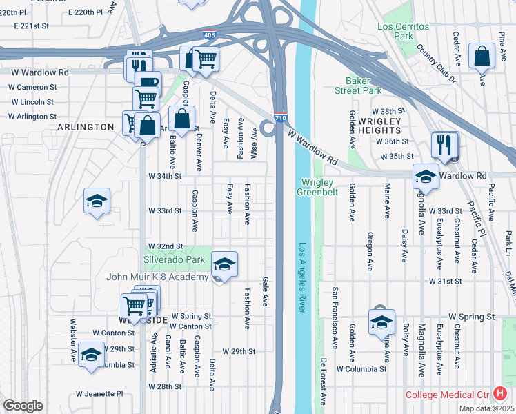 map of restaurants, bars, coffee shops, grocery stores, and more near 3323 Fashion Avenue in Long Beach