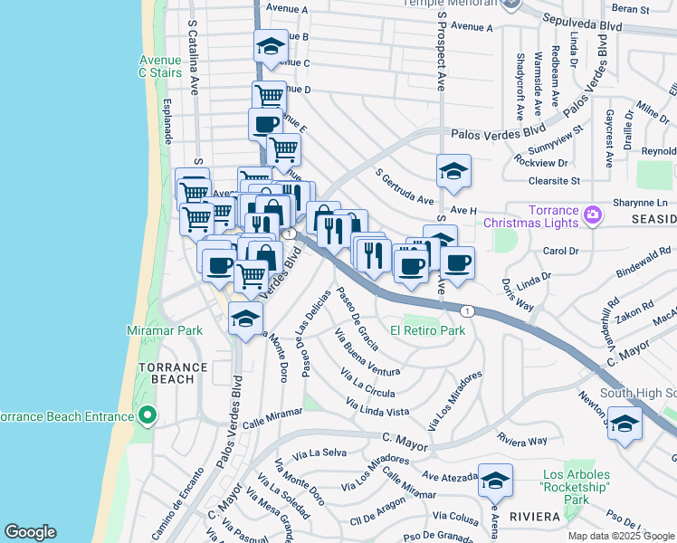 map of restaurants, bars, coffee shops, grocery stores, and more near 11050 Pacific Coast Highway in Redondo Beach