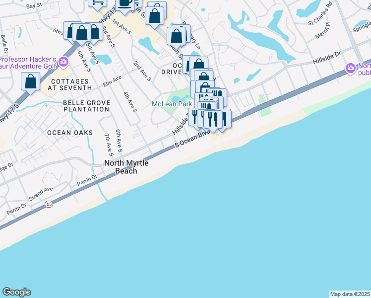map of restaurants, bars, coffee shops, grocery stores, and more near 201 South Ocean Boulevard in North Myrtle Beach