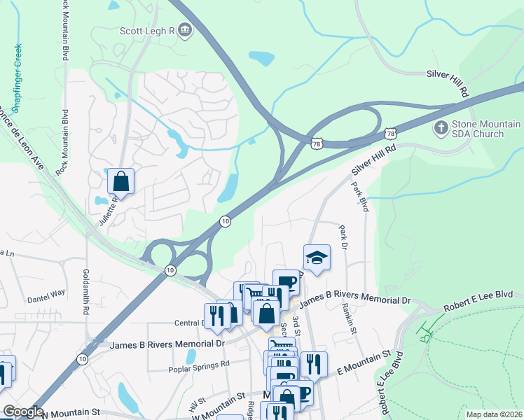map of restaurants, bars, coffee shops, grocery stores, and more near 1271 Briarbrook Court in Stone Mountain
