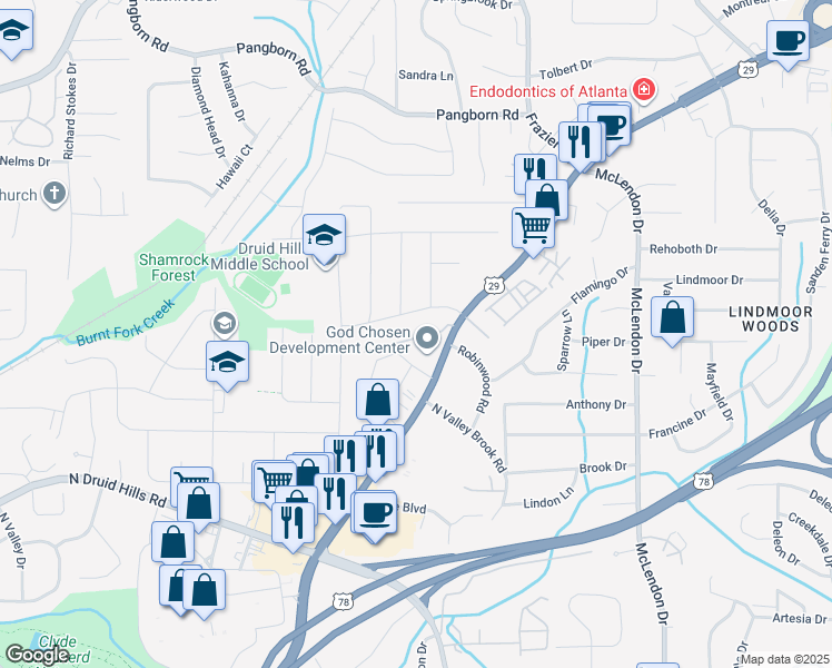 map of restaurants, bars, coffee shops, grocery stores, and more near 2400 Lawrenceville Highway in Decatur