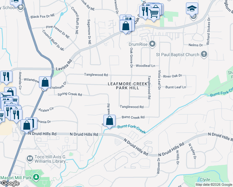 map of restaurants, bars, coffee shops, grocery stores, and more near 2670 Tanglewood Road in Decatur