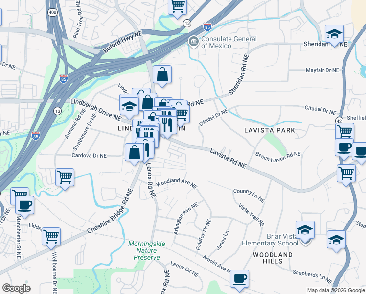 map of restaurants, bars, coffee shops, grocery stores, and more near 1197 Lavista Road Northeast in Atlanta
