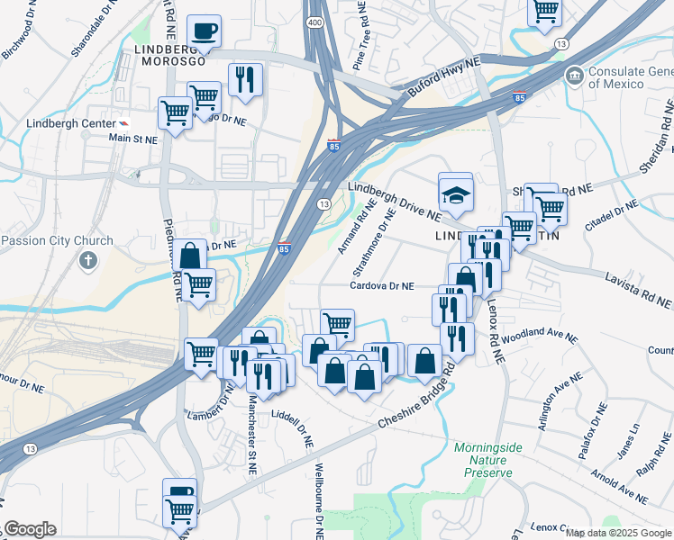 map of restaurants, bars, coffee shops, grocery stores, and more near 2287 Armand Road Northeast in Atlanta