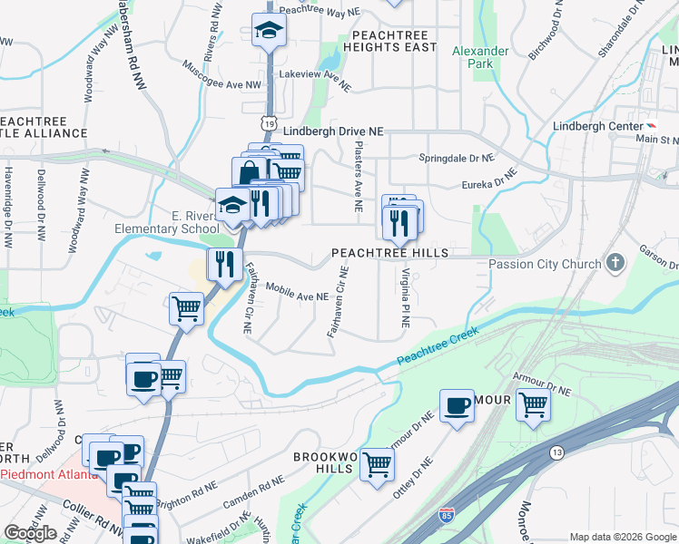 map of restaurants, bars, coffee shops, grocery stores, and more near 2294 Fairhaven Circle Northeast in Atlanta