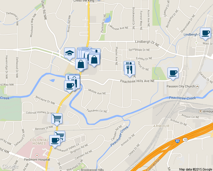 map of restaurants, bars, coffee shops, grocery stores, and more near 97 Peachtree Hills Avenue Northeast in Atlanta