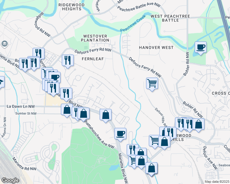 map of restaurants, bars, coffee shops, grocery stores, and more near 1469 Liberty Parkway Northwest in Atlanta
