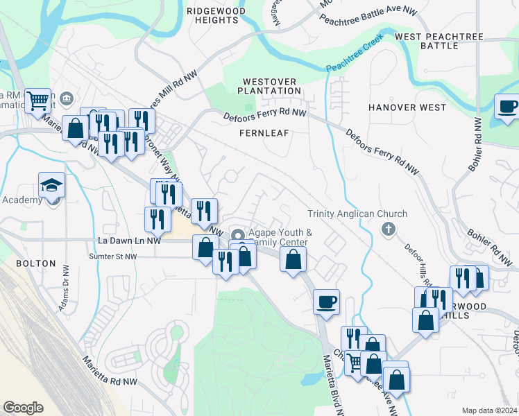 map of restaurants, bars, coffee shops, grocery stores, and more near 1017 Brandsford Street Northwest in Atlanta