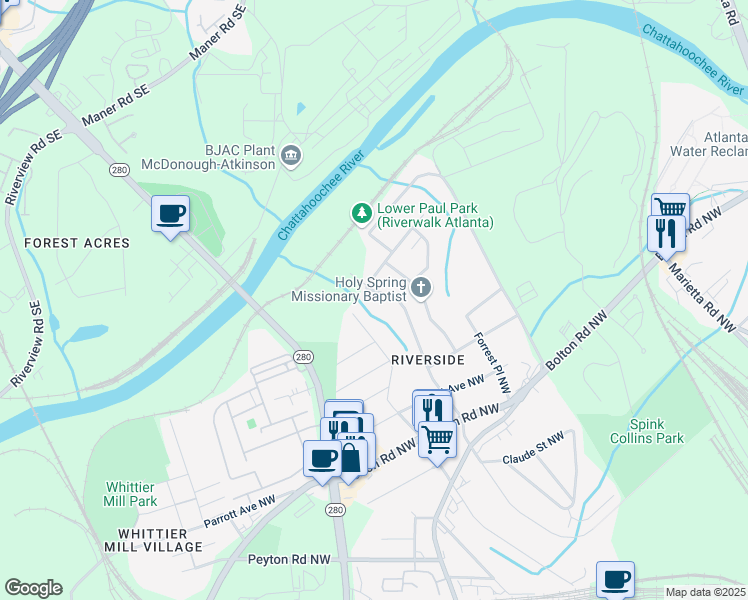 map of restaurants, bars, coffee shops, grocery stores, and more near 2244 Spink Street Northwest in Atlanta