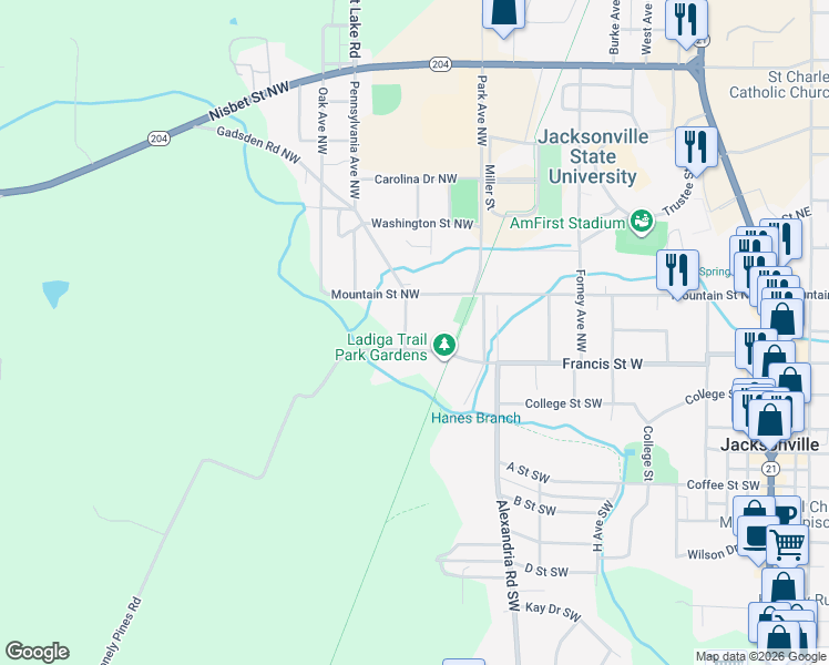 map of restaurants, bars, coffee shops, grocery stores, and more near 407 Elm Avenue Northwest in Jacksonville