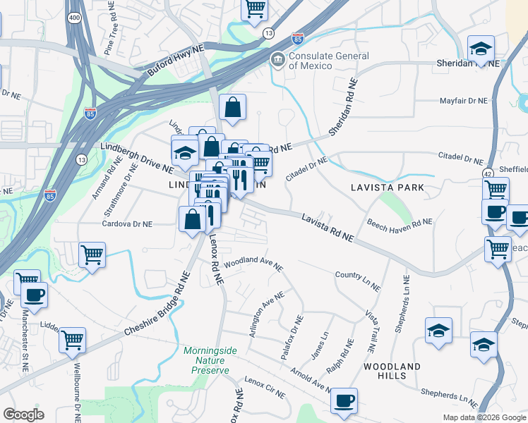 map of restaurants, bars, coffee shops, grocery stores, and more near 1225 Lavista Road Northeast in Atlanta