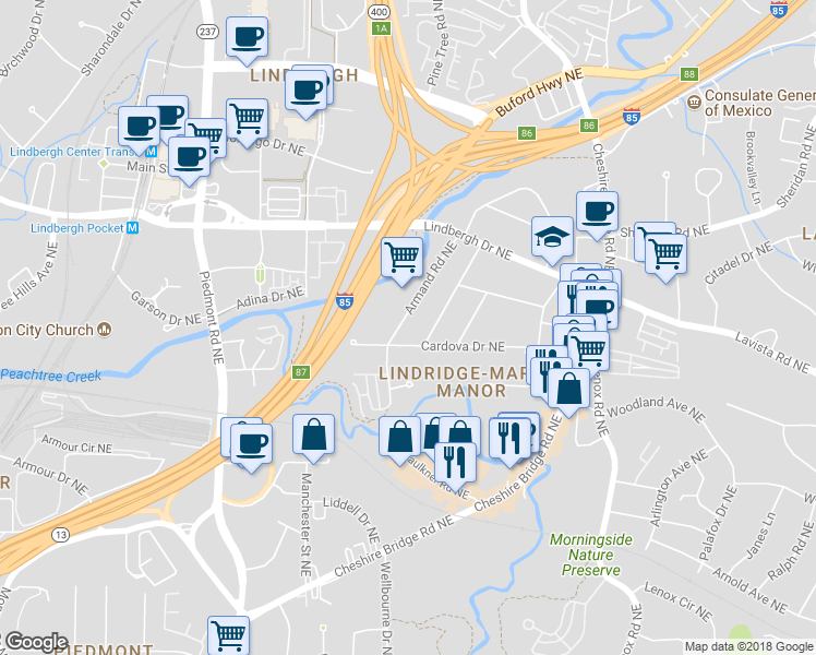 map of restaurants, bars, coffee shops, grocery stores, and more near 2287 Armand Road Northeast in Atlanta