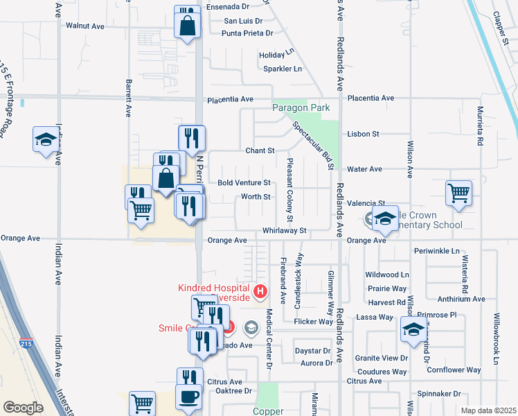 map of restaurants, bars, coffee shops, grocery stores, and more near 2502 Cannonade Court in Perris