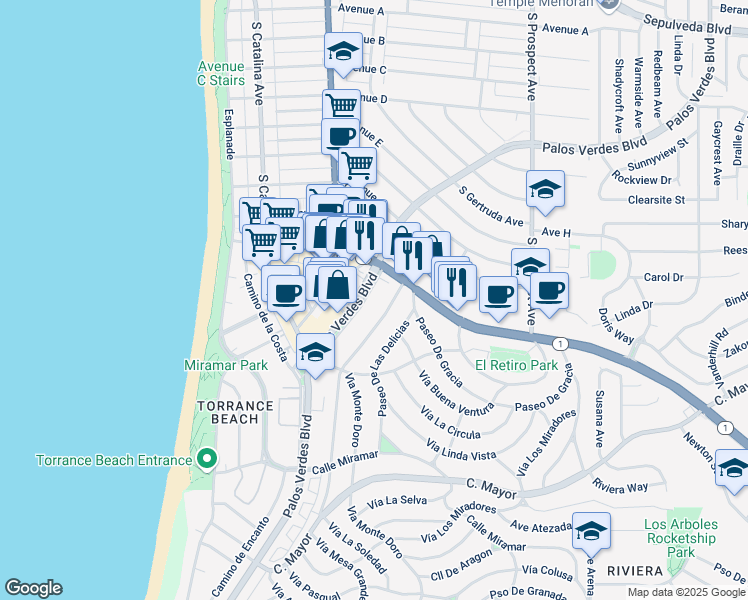 map of restaurants, bars, coffee shops, grocery stores, and more near 124 Palos Verdes Boulevard in Redondo Beach