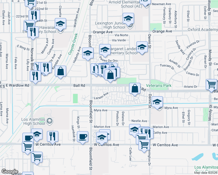 map of restaurants, bars, coffee shops, grocery stores, and more near 4125 Larwin Avenue in Cypress