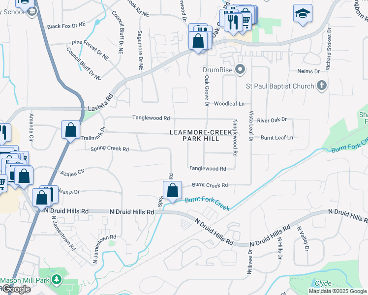 map of restaurants, bars, coffee shops, grocery stores, and more near 2670 Tanglewood Road in Decatur